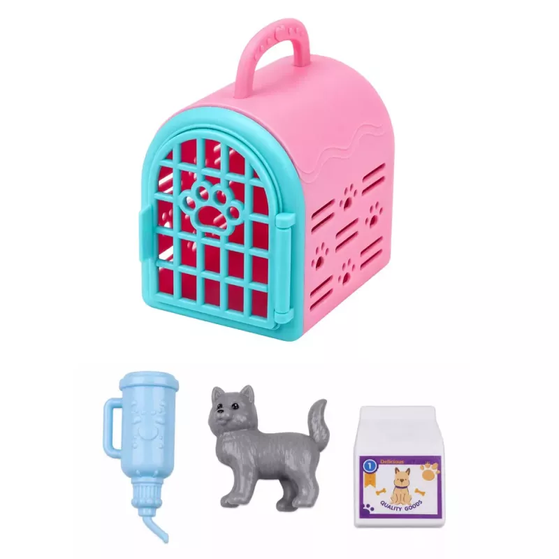 LEAN TOYS Anlily Puppe mit Haustiertrage Kätzchen Grau Zubehörset