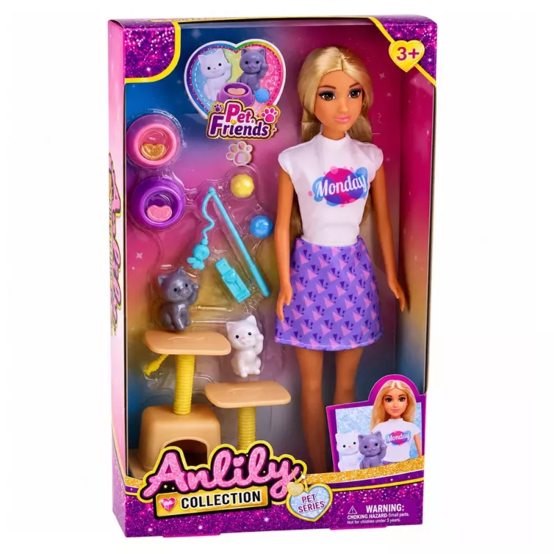 LEAN TOYS Anlily Puppe mit Kätzchen Kratzbaum Katzenzubehör Näpfe Spielzeug Set