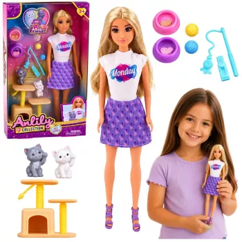 LEAN TOYS Anlily Puppe mit Kätzchen Kratzbaum Katzenzubehör Näpfe Spielzeug Set