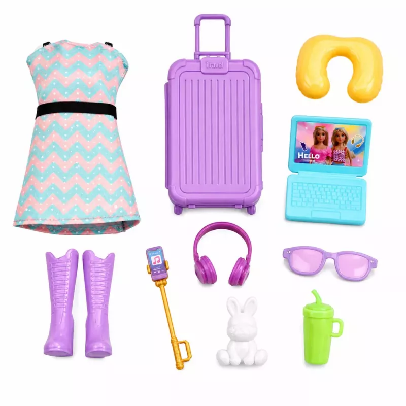 LEAN TOYS Anlily Traveler Puppe mit Koffer, Reisekissen, Laptop-Zubehör
