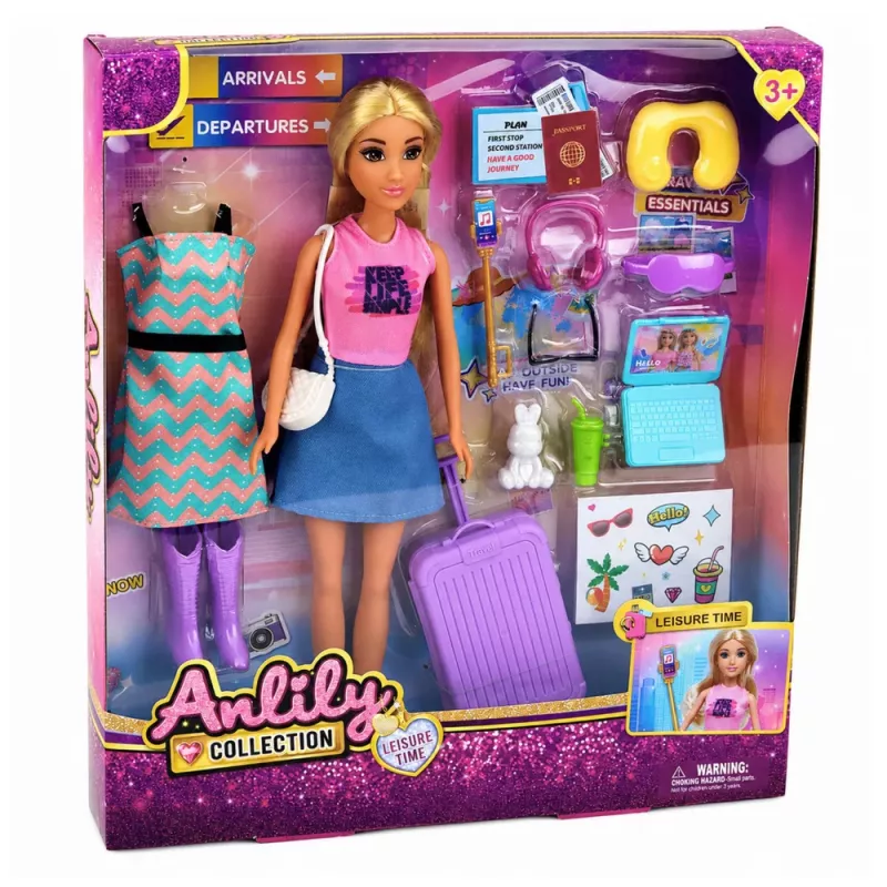 LEAN TOYS Anlily Traveler Puppe mit Koffer, Reisekissen, Laptop-Zubehör
