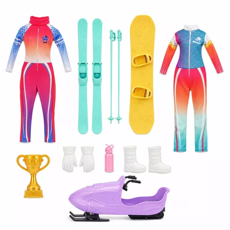 LEAN TOYS Anlily Puppe Wintersport Set Ski Snowboard Schneemobil Kleidung