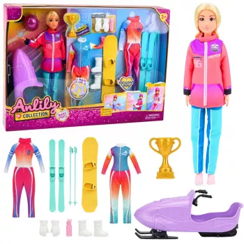LEAN TOYS Anlily Puppe Wintersport Set Ski Snowboard Schneemobil Kleidung