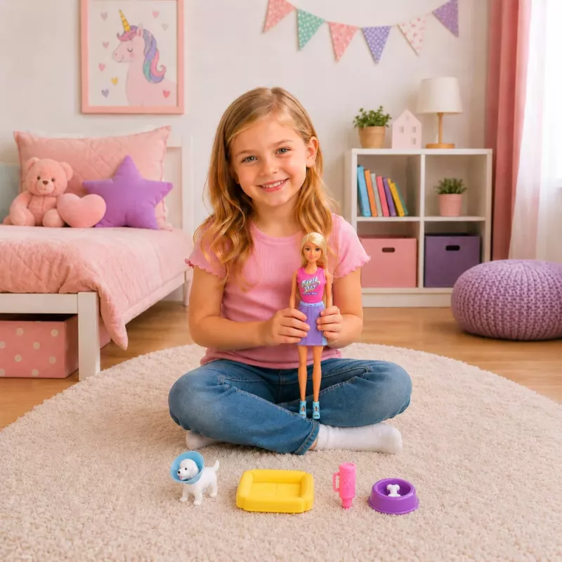 LEAN TOYS Anlily Puppe mit weißem Hund im Halsband, Bett und Zubehör-Set