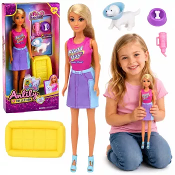 LEAN TOYS Anlily Puppe mit weißem Hund im Halsband, Bett und Zubehör-Set