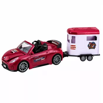 LEAN TOYS Burgunderrotes Cabrio mit Pferdeanhänger, Türen zum Öffnen, Set 1:24 Die-Cast