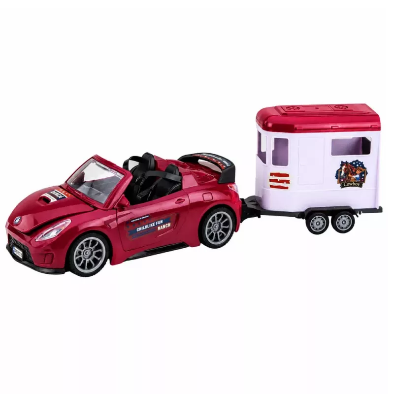 LEAN TOYS Burgunderrotes Cabrio mit Pferdeanhänger, Türen zum Öffnen, Set 1:24 Die-Cast