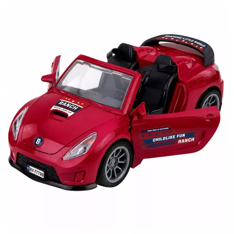 LEAN TOYS Burgunderrotes Cabrio mit Pferdeanhänger, Türen zum Öffnen, Set 1:24 Die-Cast