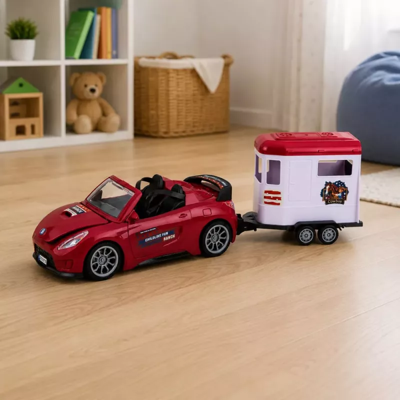 LEAN TOYS Burgunderrotes Cabrio mit Pferdeanhänger, Türen zum Öffnen, Set 1:24 Die-Cast