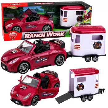 LEAN TOYS Burgunderrotes Cabrio mit Pferdeanhänger, Türen zum Öffnen, Set 1:24 Die-Cast