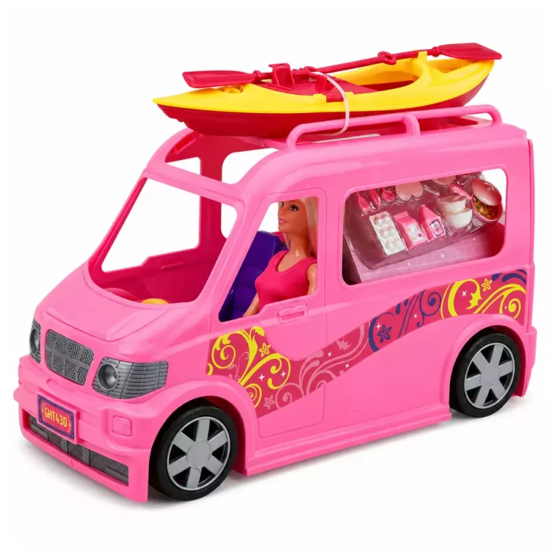 LEAN TOYS Traveler Doll mit Camper und Kajak-Zubehör, Licht- und Soundeffekte, Set