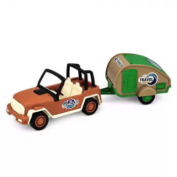LEAN TOYS Geländewagen mit Wohnwagen Sounds Grün und Braun Tourist Set