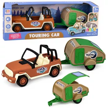 LEAN TOYS Geländewagen mit Wohnwagen Sounds Grün und Braun Tourist Set