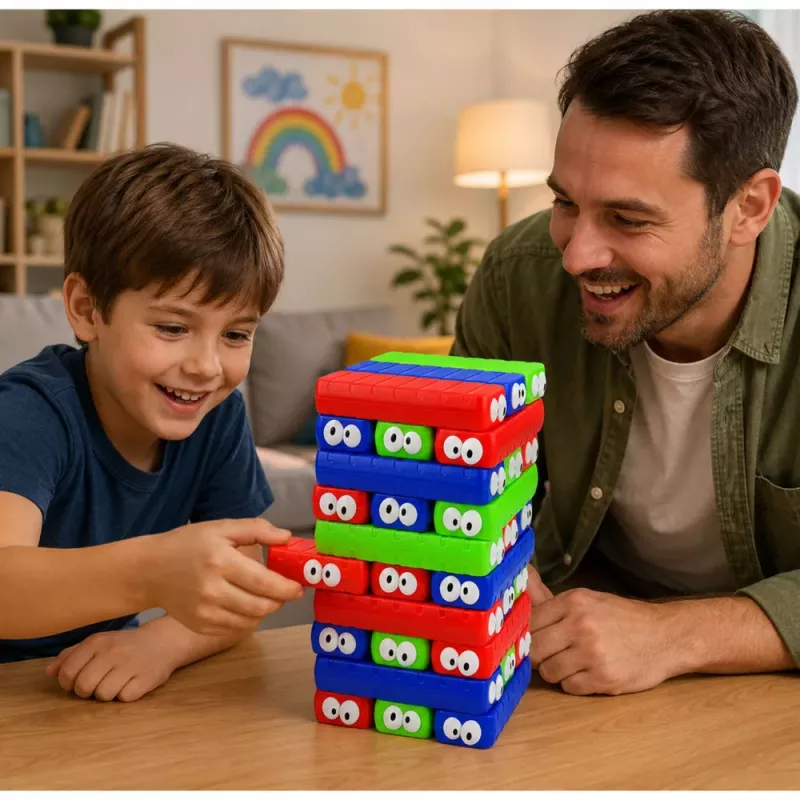 LEAN TOYS Geschicklichkeitsspiel Turm aus Blöcken mit Augenwürfel Bunt 30 Stk.