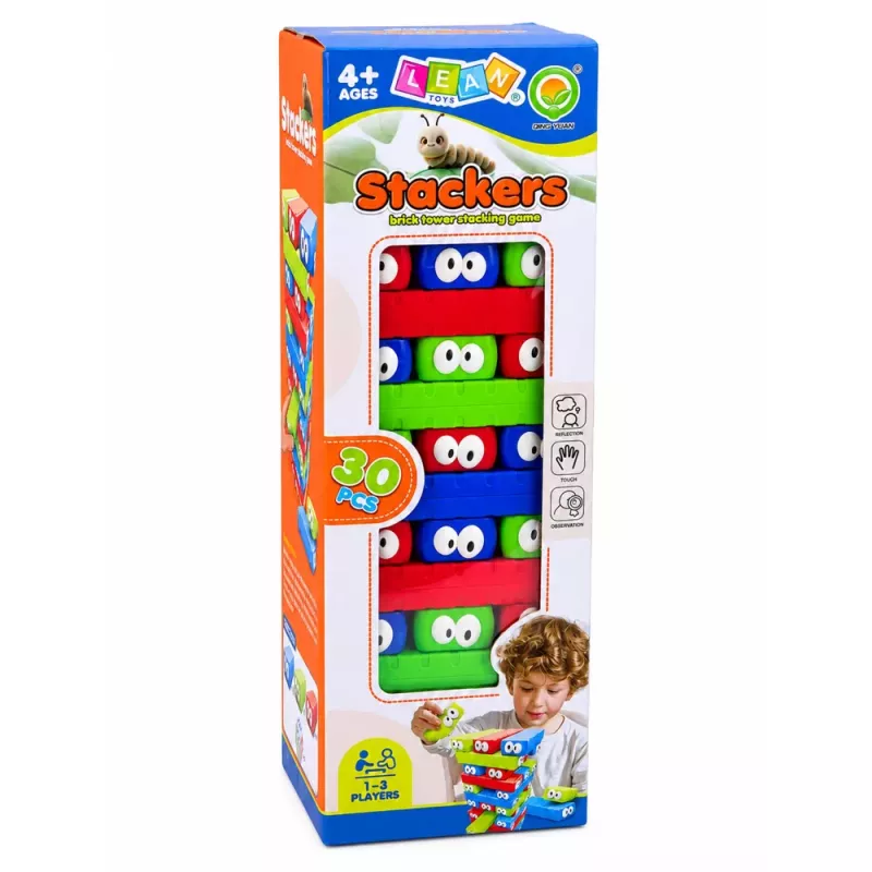 LEAN TOYS Geschicklichkeitsspiel Turm aus Blöcken mit Augenwürfel Bunt 30 Stk.