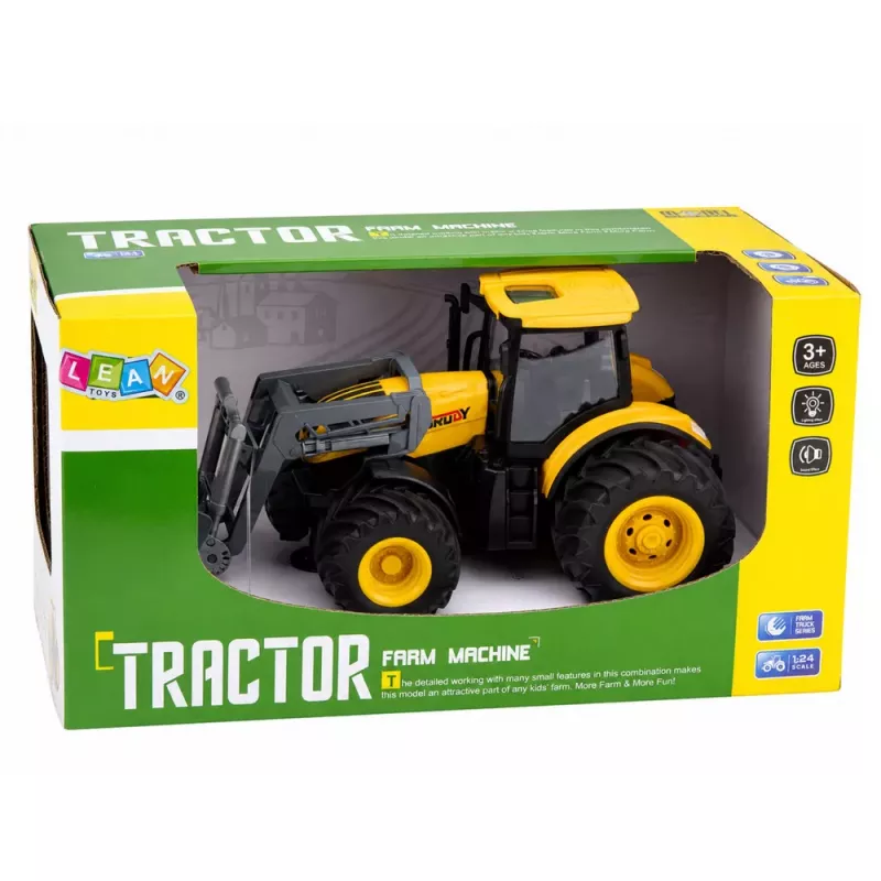 LEAN TOYS Agricultural Farm Tractor with Bulldozer Lights Sounds Yellow 1:24