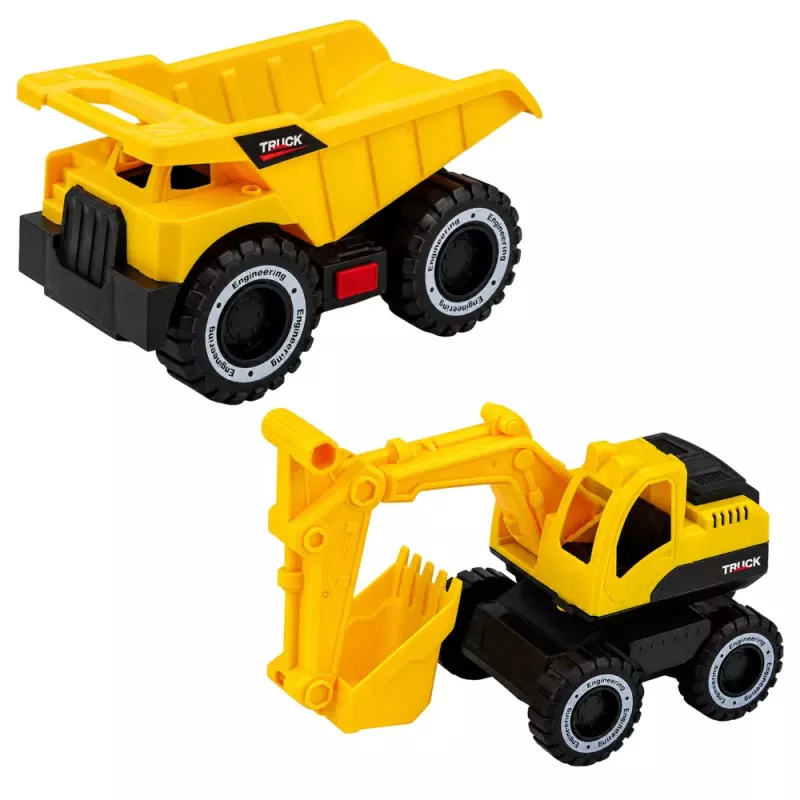 LEAN TOYS Baustellenfahrzeug-Set Bagger Kipper mit Lichtern und Geräuschen Gelb