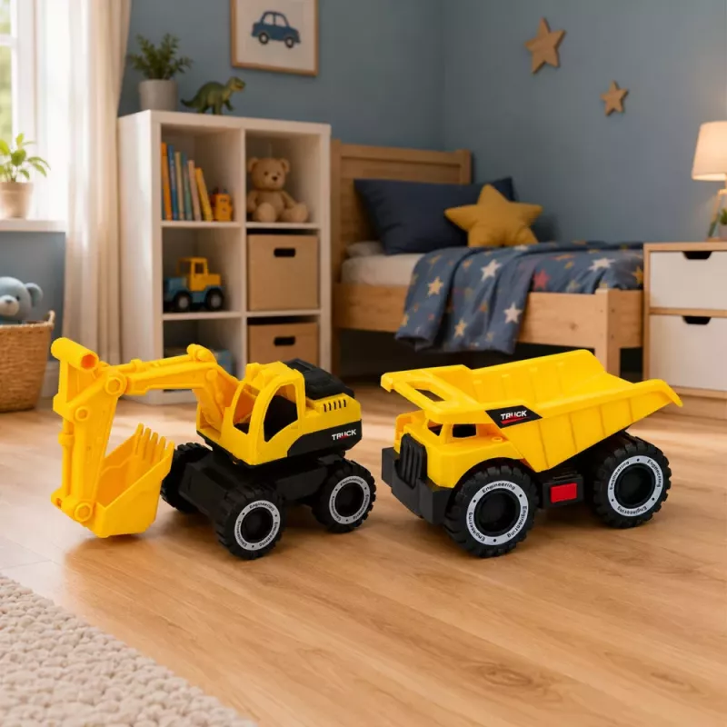 LEAN TOYS Baustellenfahrzeug-Set Bagger Kipper mit Lichtern und Geräuschen Gelb