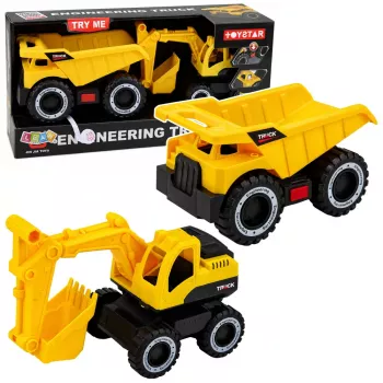 LEAN TOYS Baustellenfahrzeug-Set Bagger Kipper mit Lichtern und Geräuschen Gelb