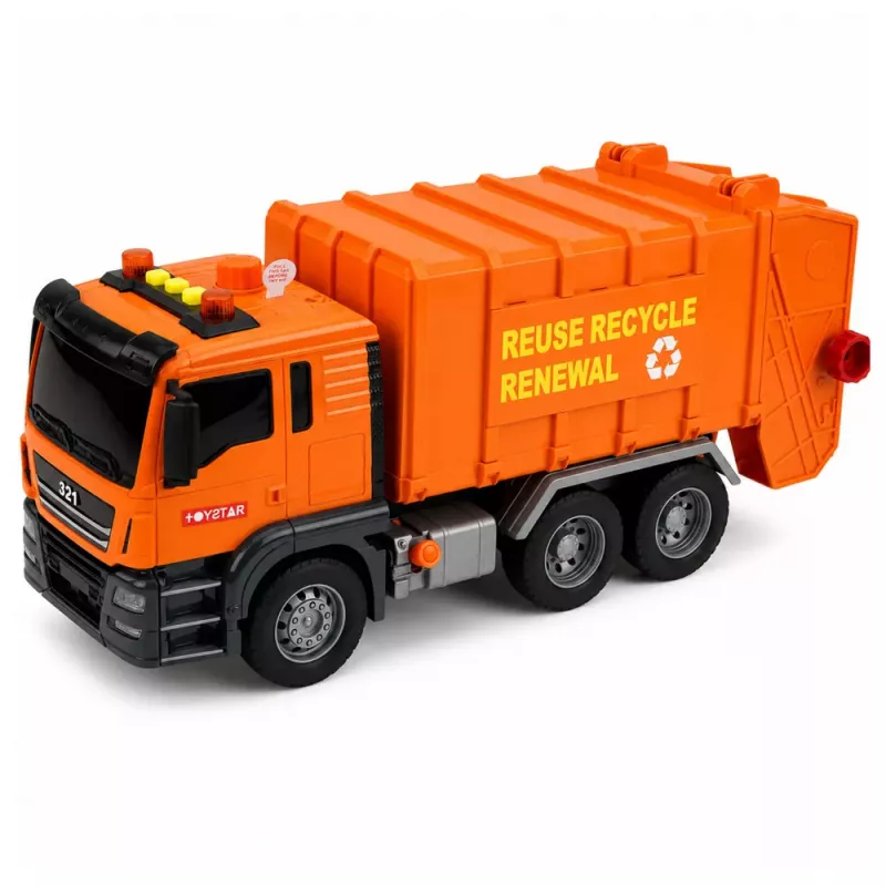 LEAN TOYS Müllwagen mit Mülltonnen, Licht und Sound - Orange