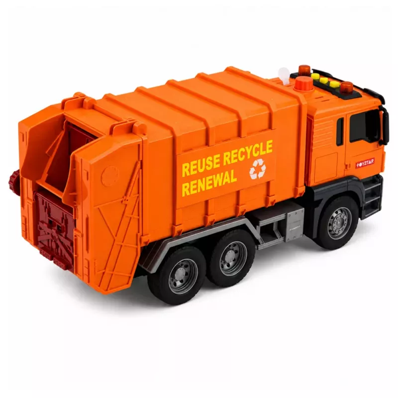 LEAN TOYS Müllwagen mit Mülltonnen, Licht und Sound - Orange