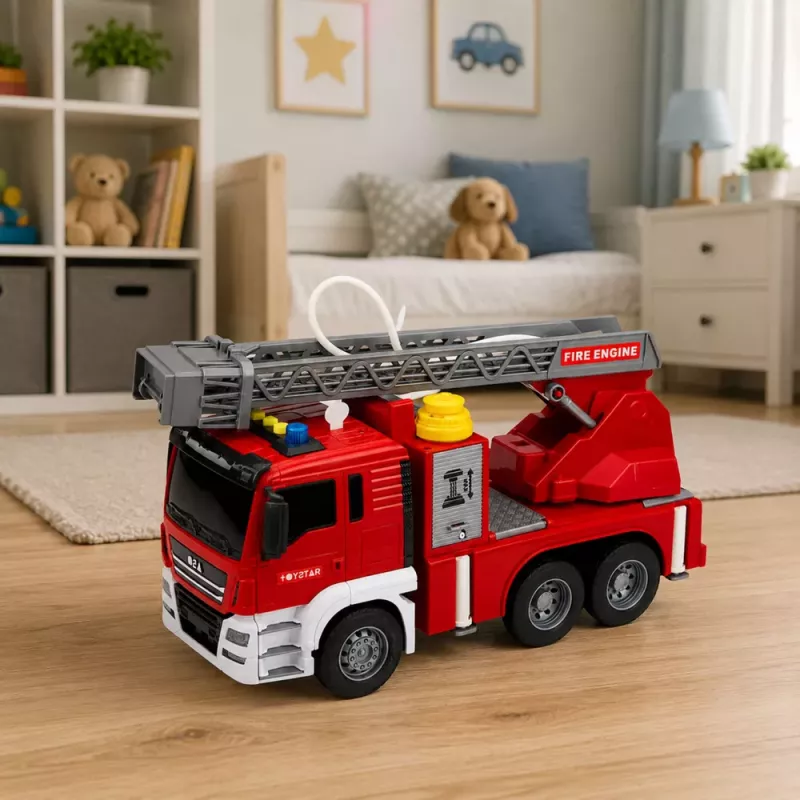 LEAN TOYS Feuerwehrauto mit Drehleiter, Wasserpumpe, Licht und Sound