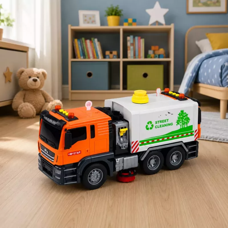 LEAN TOYS Straßenkehrmaschine mit Wasserspritzsystem, Lichtern & Sound