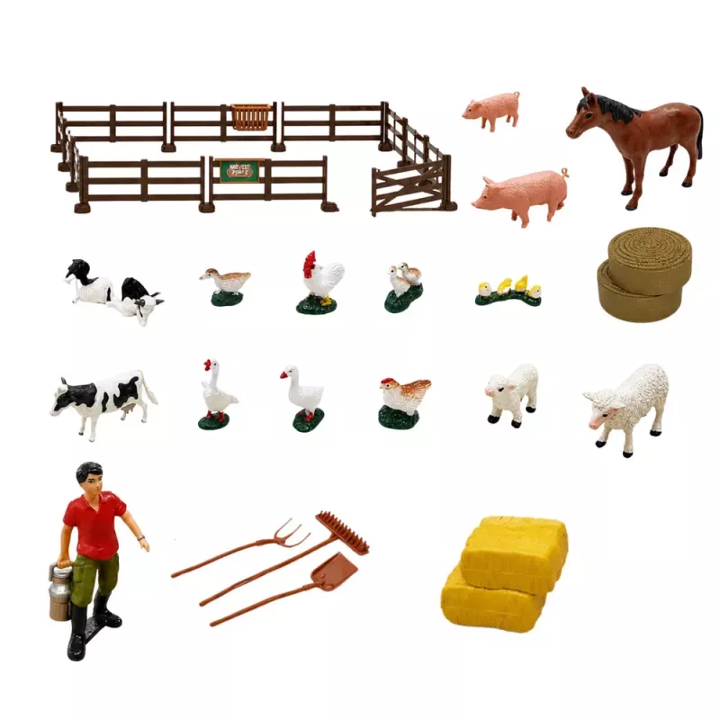 LEAN TOYS Bauernhof-Set mit Traktor und Scheune, Tieren, Figuren und Zubehör, 44 Teile