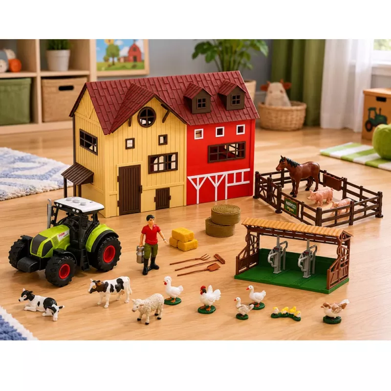 LEAN TOYS Bauernhof-Set mit Traktor und Scheune, Tieren, Figuren und Zubehör, 44 Teile
