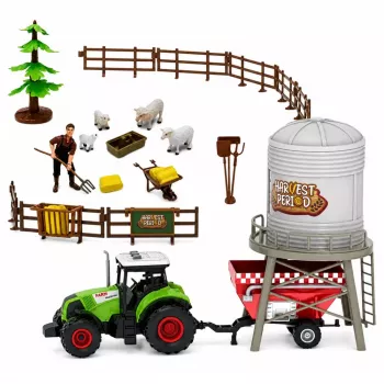 LEAN TOYS Bauernhof-Set mit Traktor, Stall, Silo, Figuren, Tieren, Werkzeugen - 49 Teile