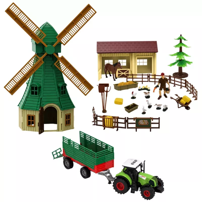 LEAN TOYS Bauernhof-Set mit Traktor, Windmühle, Stall, Anhänger und Tierfiguren, 45 Teile