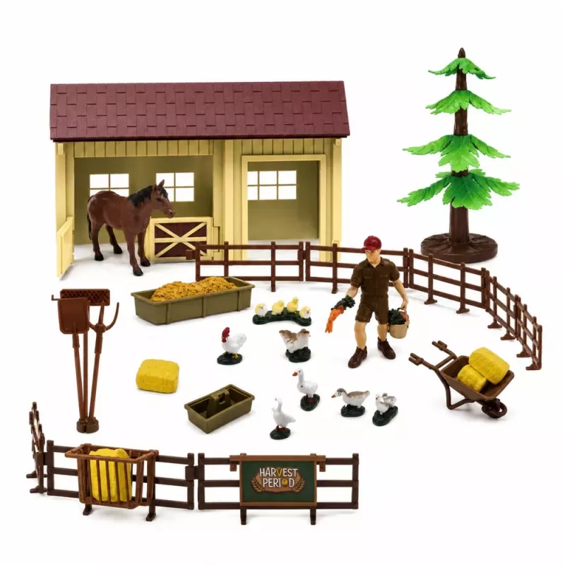 LEAN TOYS Bauernhof-Set mit Traktor, Windmühle, Stall, Anhänger und Tierfiguren, 45 Teile