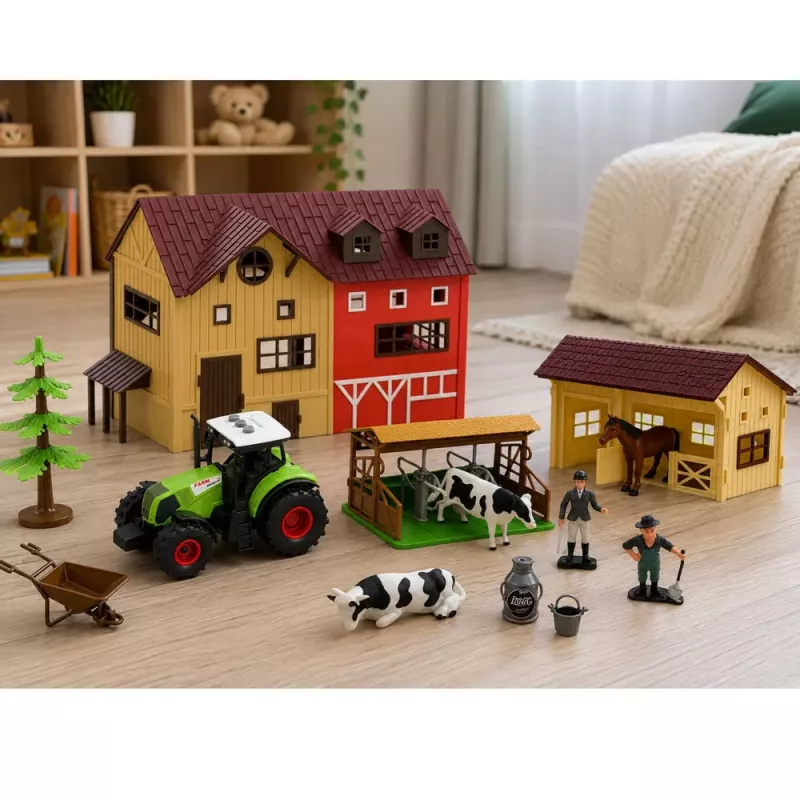 LEAN TOYS Bauernhof-Set mit Traktor, Scheune, Tieren, Figuren und Zubehör, 37 Teile