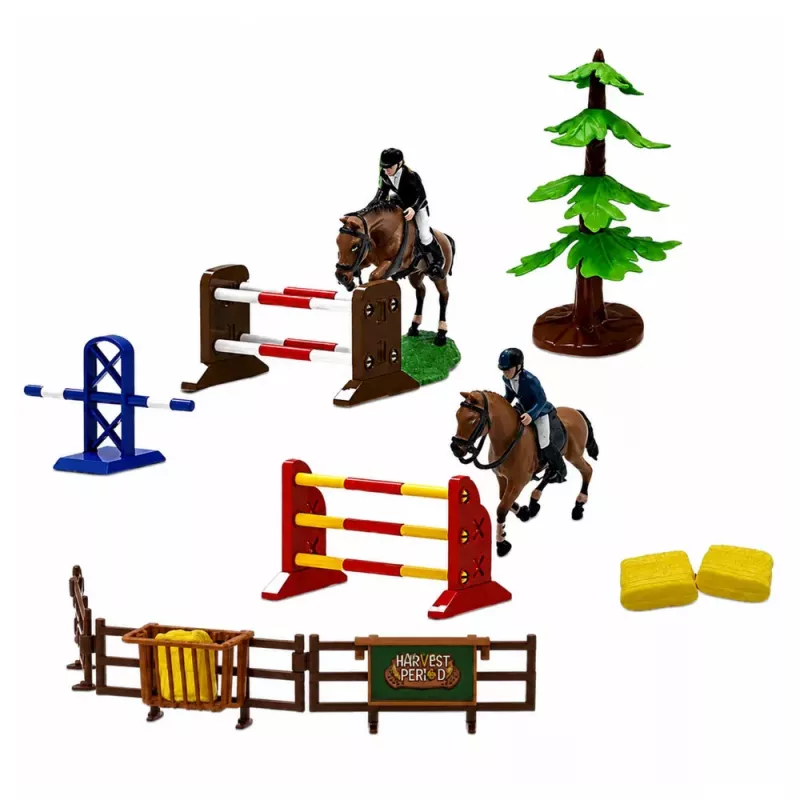 LEAN TOYS Set Bauernhof Pferdestall Pferdespringen Hügel Figuren Zubehör 69 Teile