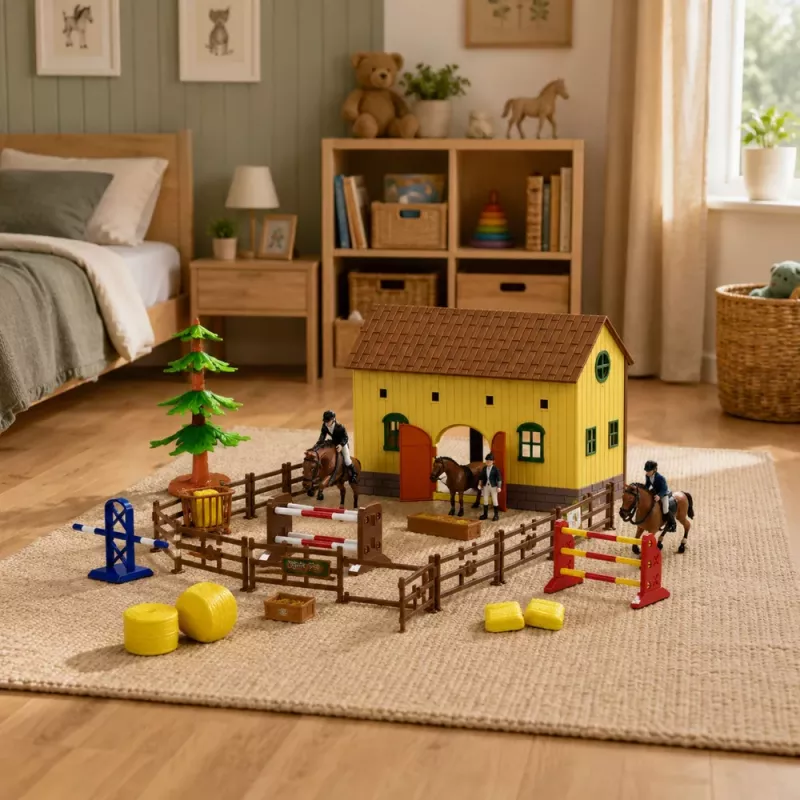 LEAN TOYS Set Bauernhof Pferdestall Pferdespringen Hügel Figuren Zubehör 69 Teile