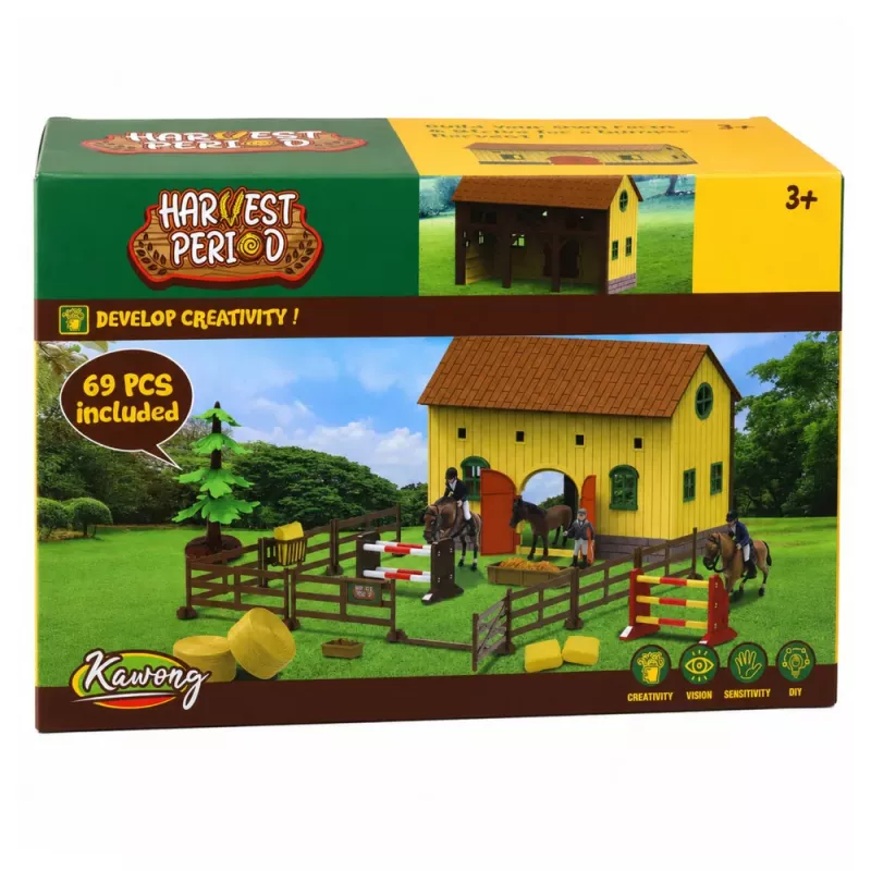 LEAN TOYS Set Bauernhof Pferdestall Pferdespringen Hügel Figuren Zubehör 69 Teile