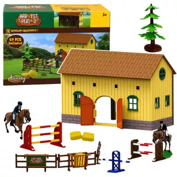 LEAN TOYS Set Bauernhof Pferdestall Pferdespringen Hügel Figuren Zubehör 69 Teile