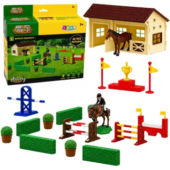 LEAN TOYS Set Farm Horse Stud Hindernisparcours Stall Pferdefiguren 26 Teile