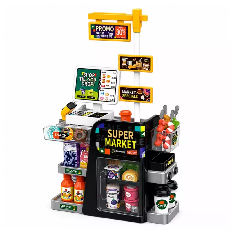 LEAN TOYS Supermarkt-Kassen-Scanner Getränkespender Lichter Geräusche 65 Teile
