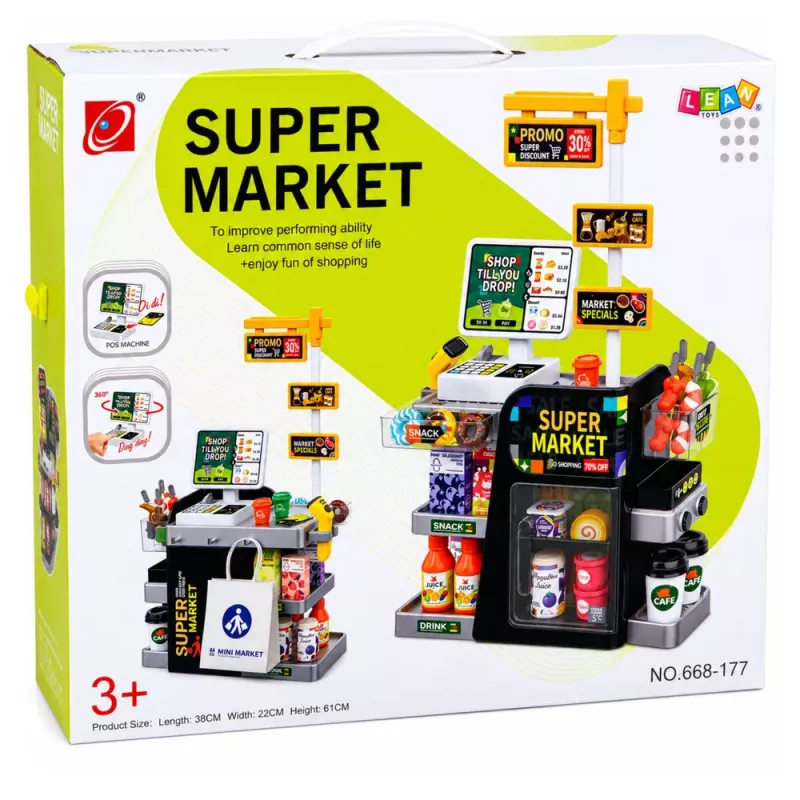 LEAN TOYS Supermarkt-Kassen-Scanner Getränkespender Lichter Geräusche 65 Teile