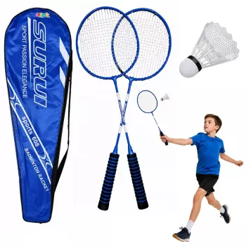 LEAN TOYS Badminton Set Schläger Federbälle Tasche Blau