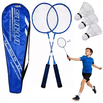 LEAN TOYS Badminton-Set mit 2 Schlägern, 3 Federbällen und Tragetasche - Blau