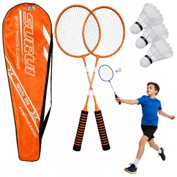 LEAN TOYS Badminton Set, 3 Schläger, Federbälle, orangefarbene Tasche