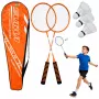 LEAN TOYS Badminton Set, 3 Schläger, Federbälle, orangefarbene Tasche