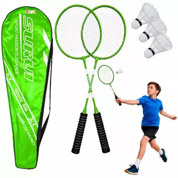 LEAN TOYS Badminton Set mit 2 Schlägern, 3 Federbällen und Tasche, Grün