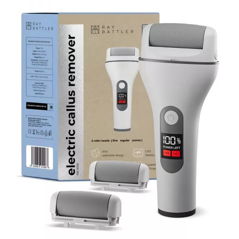 Ray Battler RB 0018 Callus Remover - Elektrische, wiederaufladbare Fußfeile mit 3 Rollenköpfen, IPX7 wasserdicht, Nass- und Trockenanwendung
