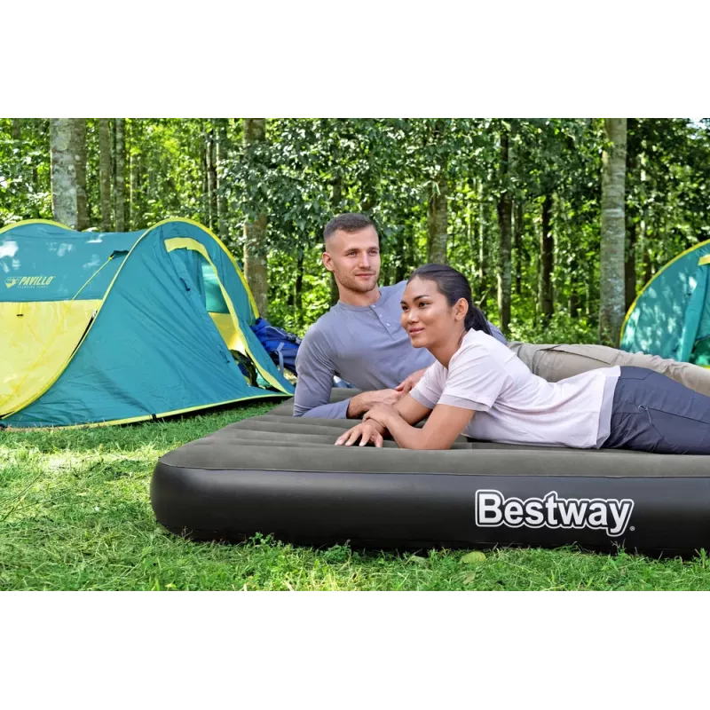 Bestway Pavillo Inflatable Airbed Queen 203x152x25 cm mit integrierter Fußpumpe, geflockter Oberseite, Coil-Beam-Konstruktion, Grau/Blau