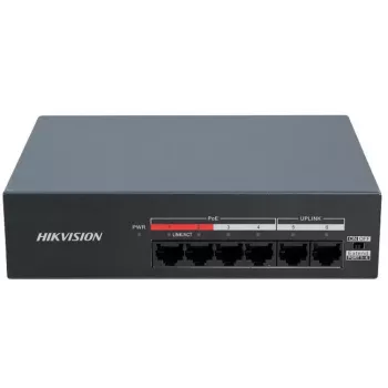 Hikvision DS-XS06-P(O-STD) 6-Port Unmanaged PoE+ Switch (4 PoE Ports, 2 Gigabit Uplink, 60W Budget, DIN Rail)