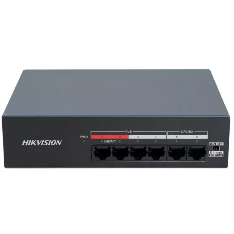 Hikvision DS-XS06-P(O-STD) 6-Port Unmanaged PoE+ Switch (4 PoE Ports, 2 Gigabit Uplink, 60W Budget, DIN Rail)