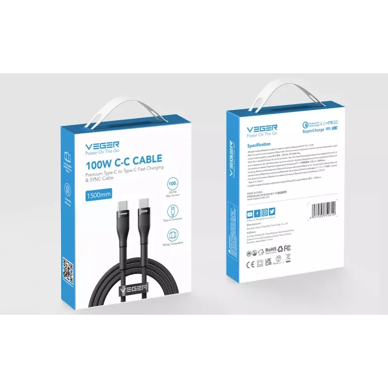 VEGER USB-C auf USB-C PD 100W Kabel 1,5m, Schwarz